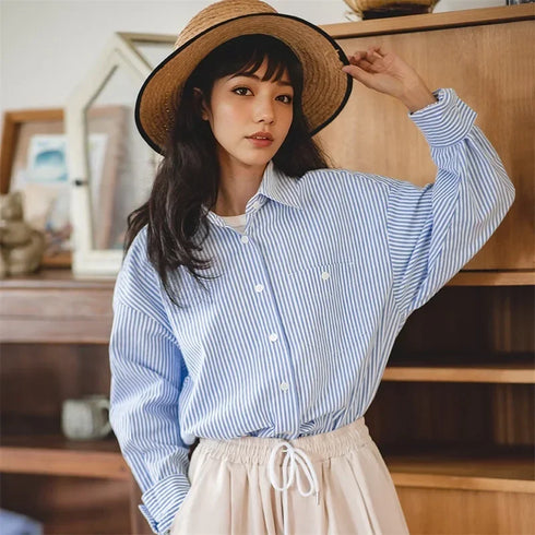 Women's French Striped Shirt – Oversized Blue & White Long Sleeve Blouse, Casual Spring Top